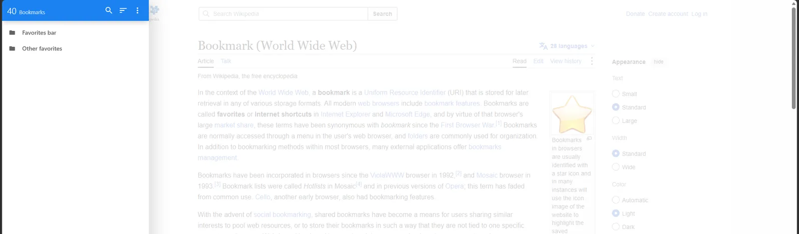Bookmark Sidebar open as a 350 pixel overlay on the left. A bracket over it is labeled 350 px. An arrow points at the dimmed Wikipedia text, which keeps its original width.