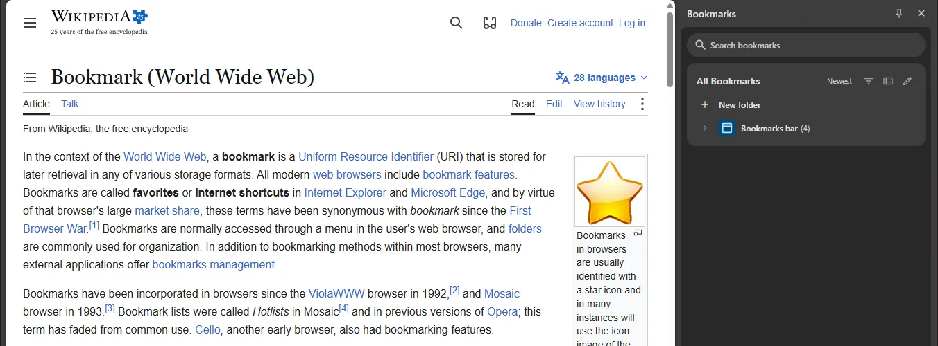 Chrome at 1366 by 768 with the bookmarks side panel open. A bracket over the panel is labeled minus 386 px and a bracket under the page is labeled page 964 px wide.