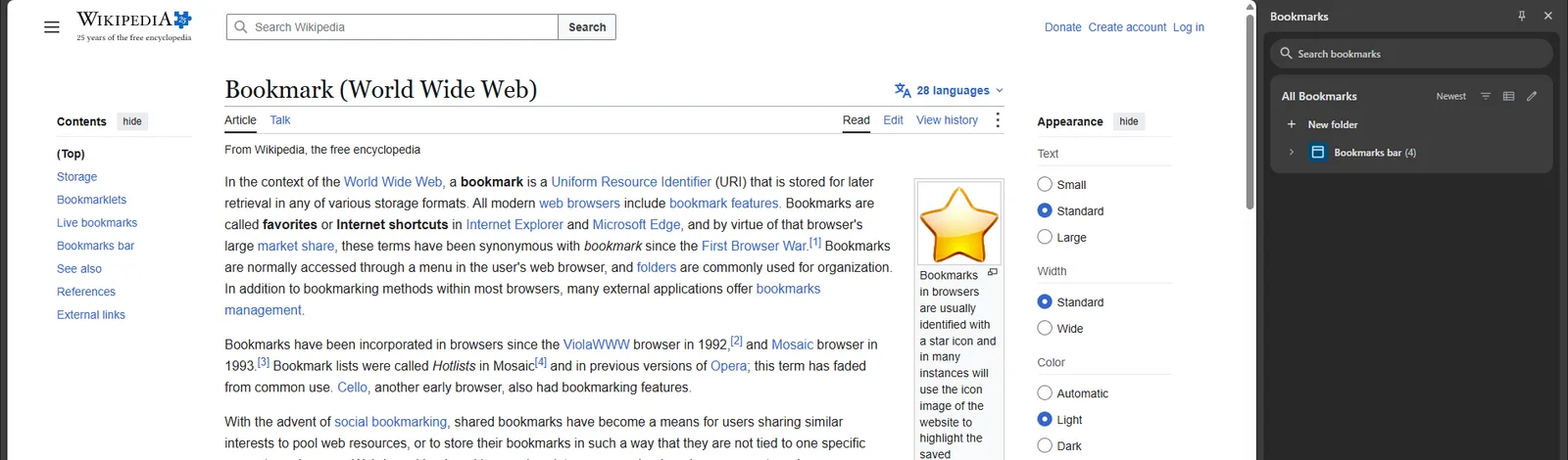 Chrome with the bookmarks side panel open on the right at 1920 by 1080. Wikipedia's content has shifted left, with the article title now about 200 px further left than before. A bracket over the panel is labeled minus 386 px, a bracket under the page is labeled page 1518 px wide, and an arrow beside the title is labeled shifted left.