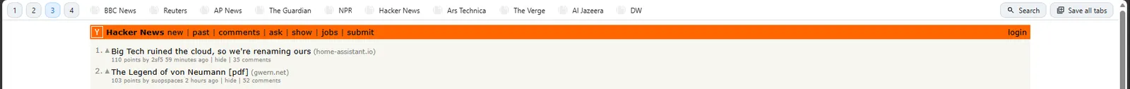 A Hacker News page opened from Second Bookmark Bar with the 34 pixel row still shown at the top of it.