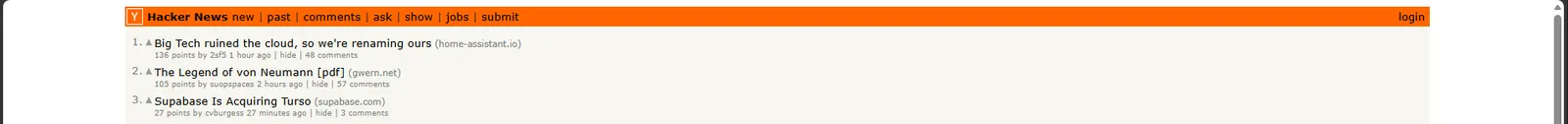 The Hacker News page after clicking a bookmark in Bookmark Sidebar. The sidebar is gone from the left edge.