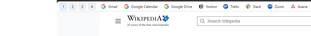 The left part of Second Bookmark Bar as a thin row above Wikipedia, with real site icons on the bookmark chips. A bracket at the left end of the row, labeled 34 px, spans its height from top to bottom. A bracket under the first four buttons is labeled 4 slots. An arrow from a label points up at the chips: bookmarks, one click away.
