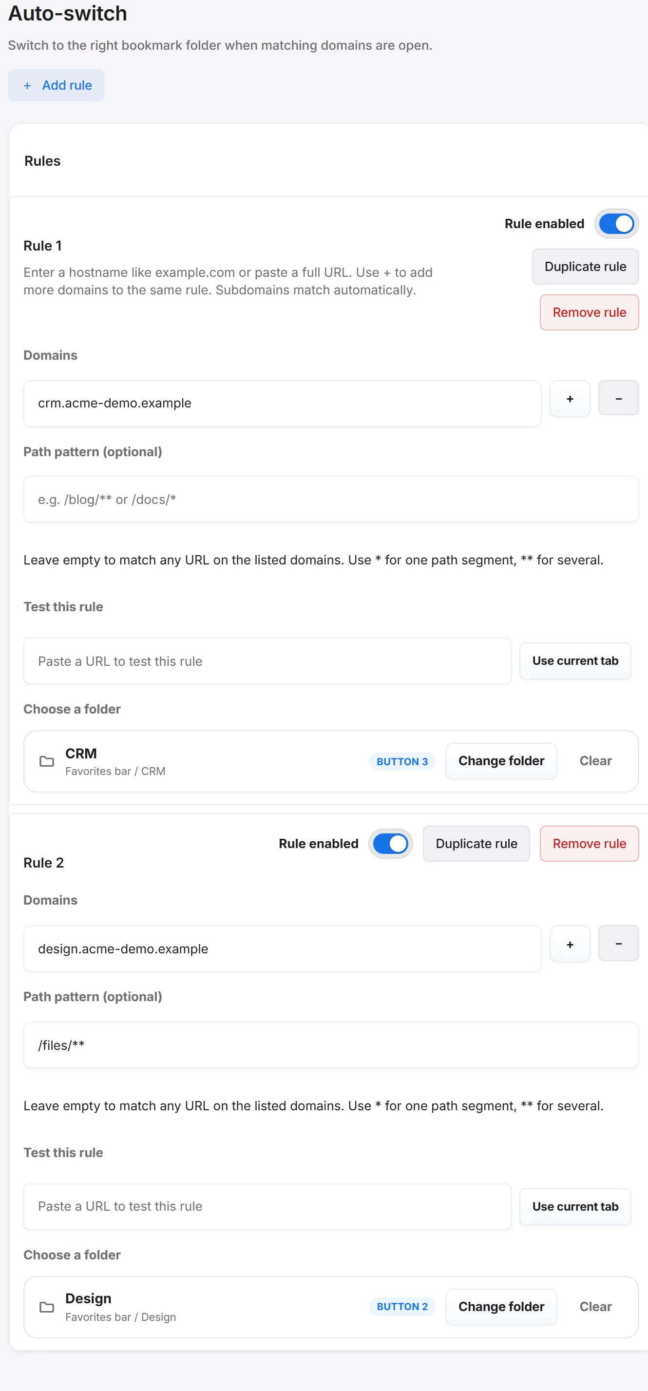 Settings page listing two auto-switch rules.