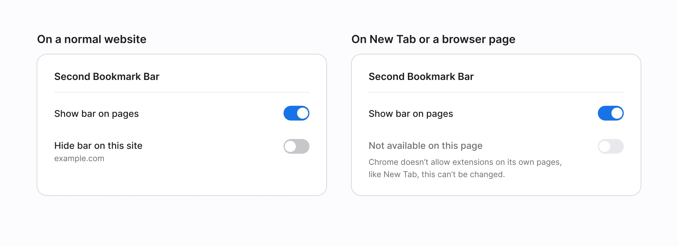 Two versions of the toolbar popup. On a normal website, Show bar on pages is on and Hide bar on this site for example.com is off. On New Tab, Show bar on pages is on but the site row reads Not available on this page and is greyed out.