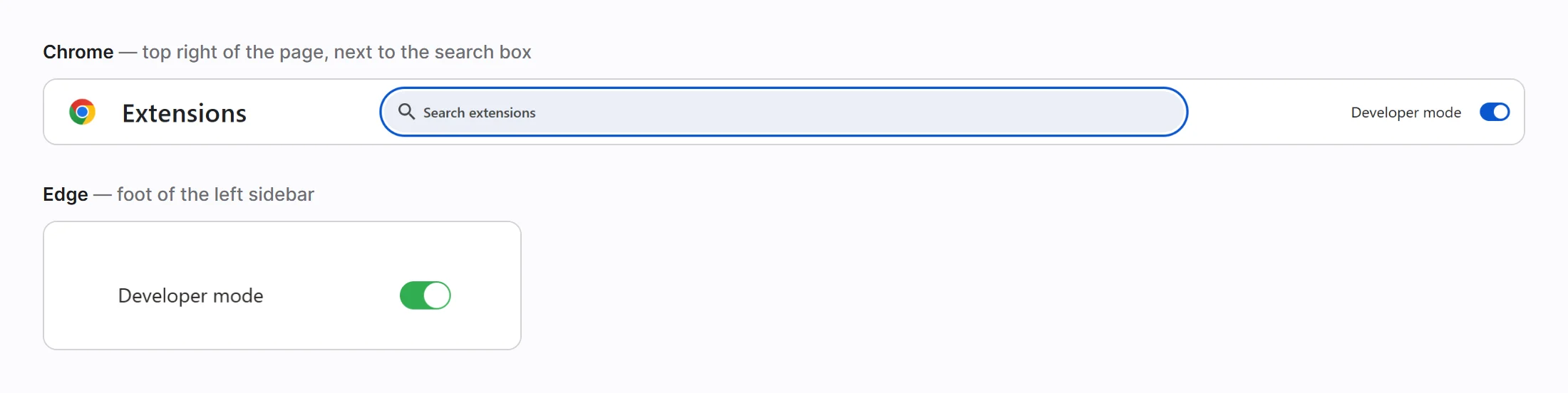 The Developer mode switch, on, in both browsers: in Chrome at the right-hand end of the row holding the Chrome logo, the word Extensions and the search box; in Edge at the bottom of the left sidebar, on its own.