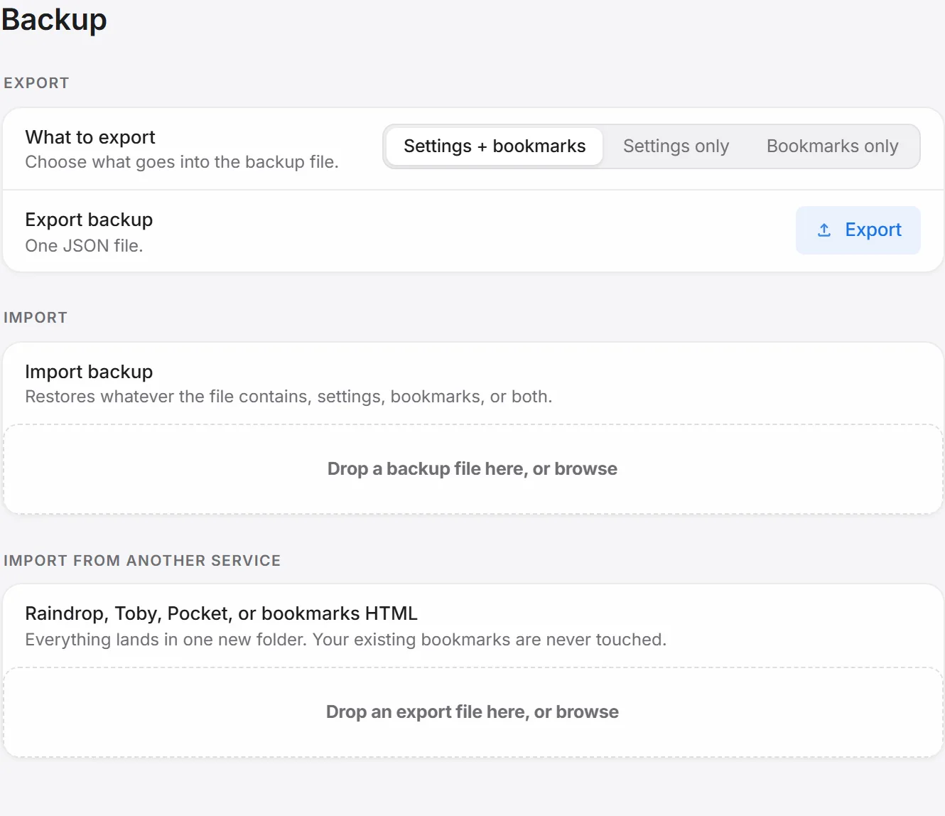 Backup and transfer settings with Settings and bookmarks selected.