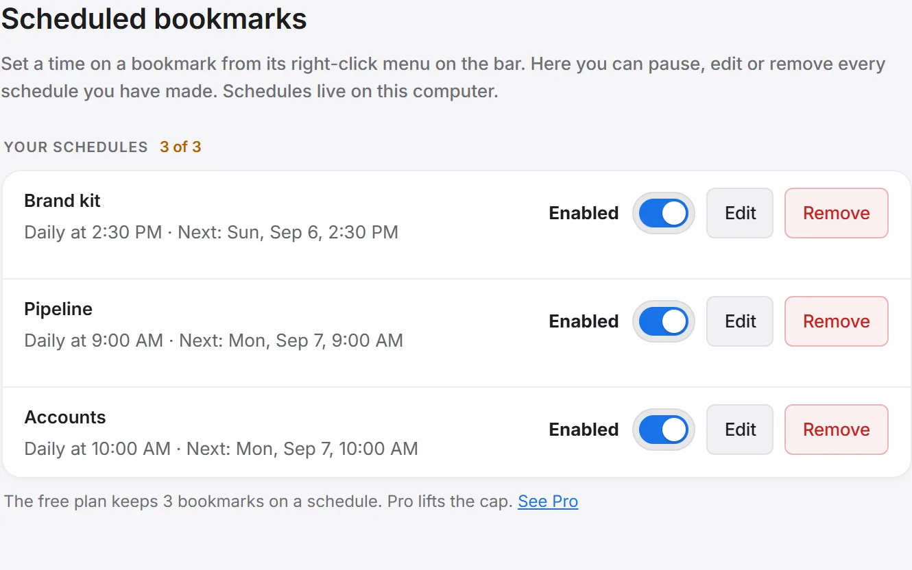 Scheduled bookmarks settings showing a quota note after reaching the free plan's schedule limit.