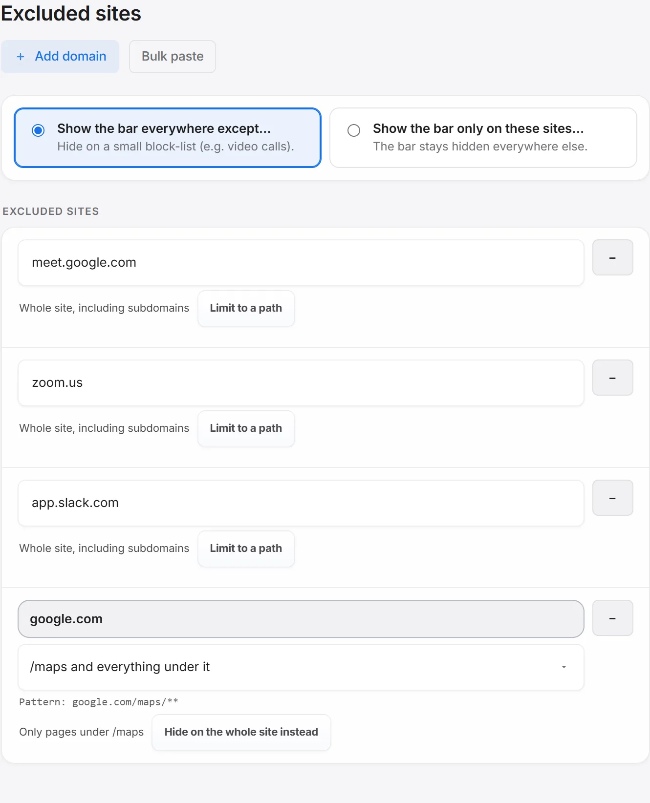 Settings page listing excluded sites, including whole domains and a path-limited entry for google.com/maps.