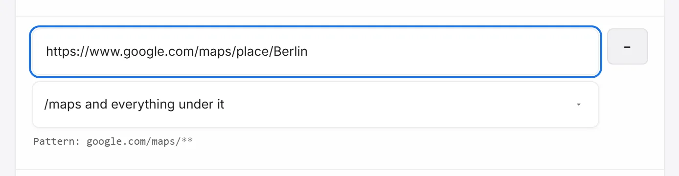 Scope chooser after pasting a Google Maps URL, offering /maps and everything under it.