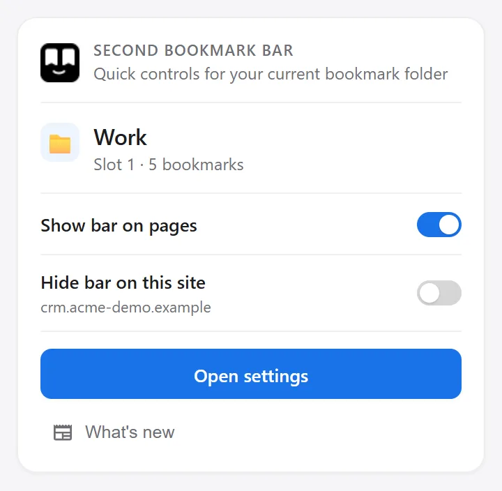 Toolbar popup with a Hide bar on this site toggle for crm.acme-demo.example.