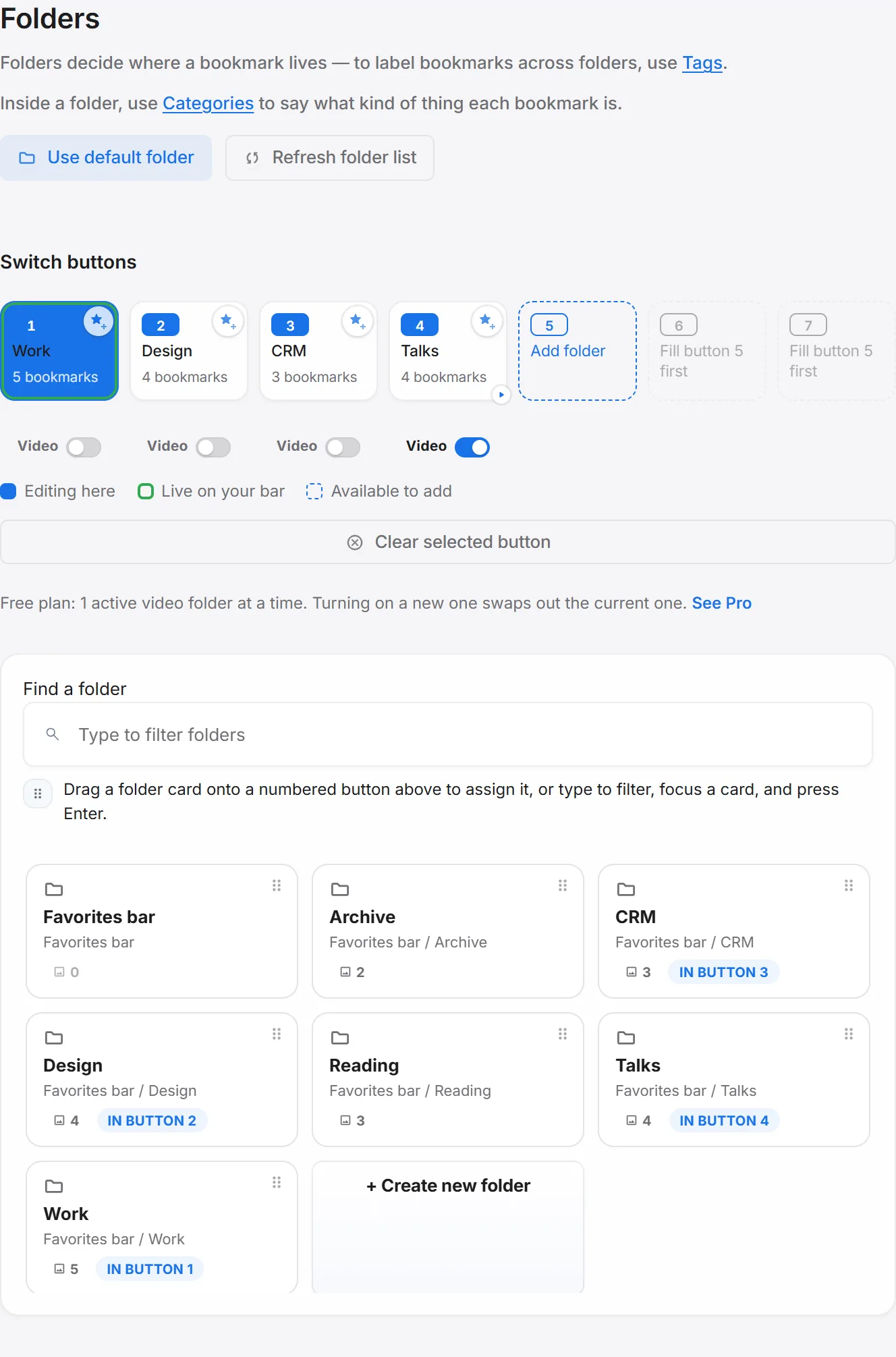 The Folders settings page, with four folders assigned to slots 1 through 4 and three slots still open.