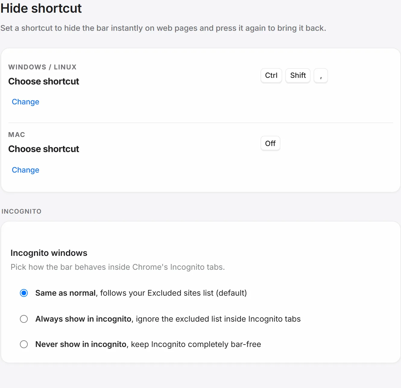 Settings page for the Quick hide shortcut, with a Windows preset selected.