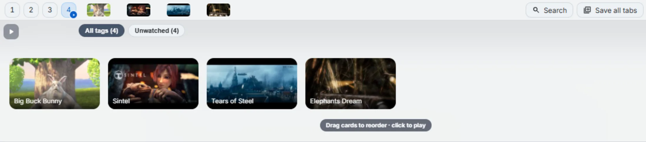 Video panel with a tag filter row reading All tags and Unwatched, and a Play cluster above the cards.