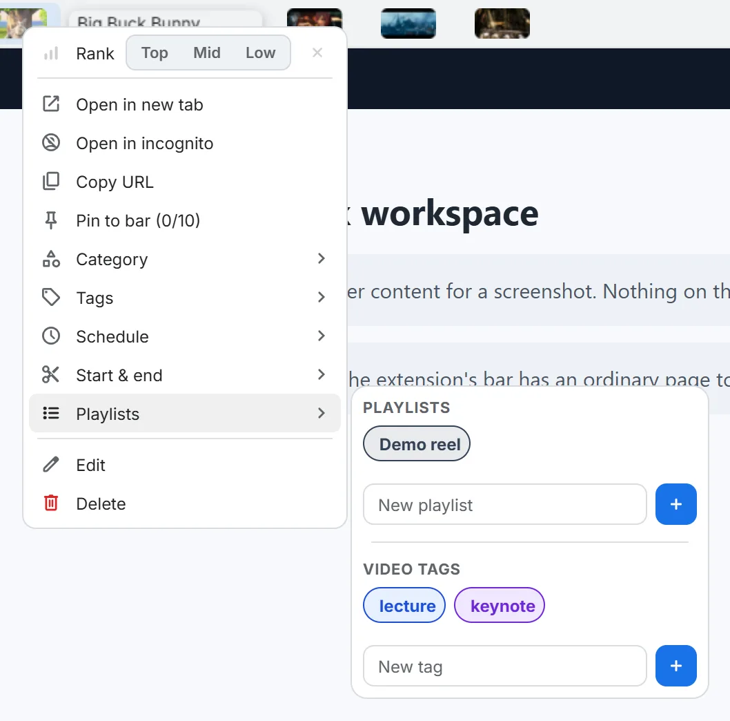Right-click menu with the Playlists flyout open, showing video tags and playlist assignment.
