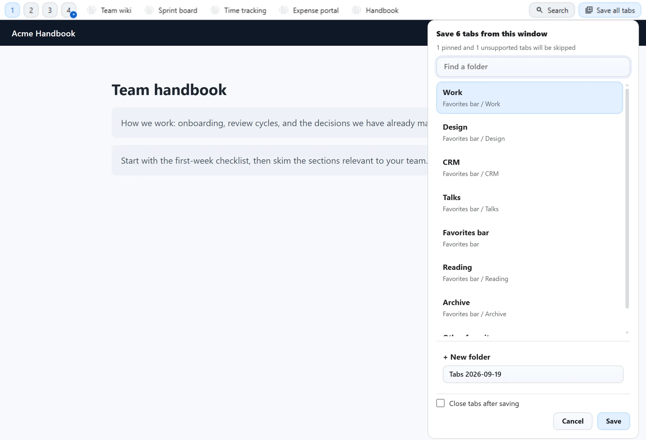 The Save all tabs panel open over a page, reading Save 6 tabs from this window, with Work preselected in a folder list, a New folder row prefilled Tabs 2026-09-19, and a Close tabs after saving checkbox.