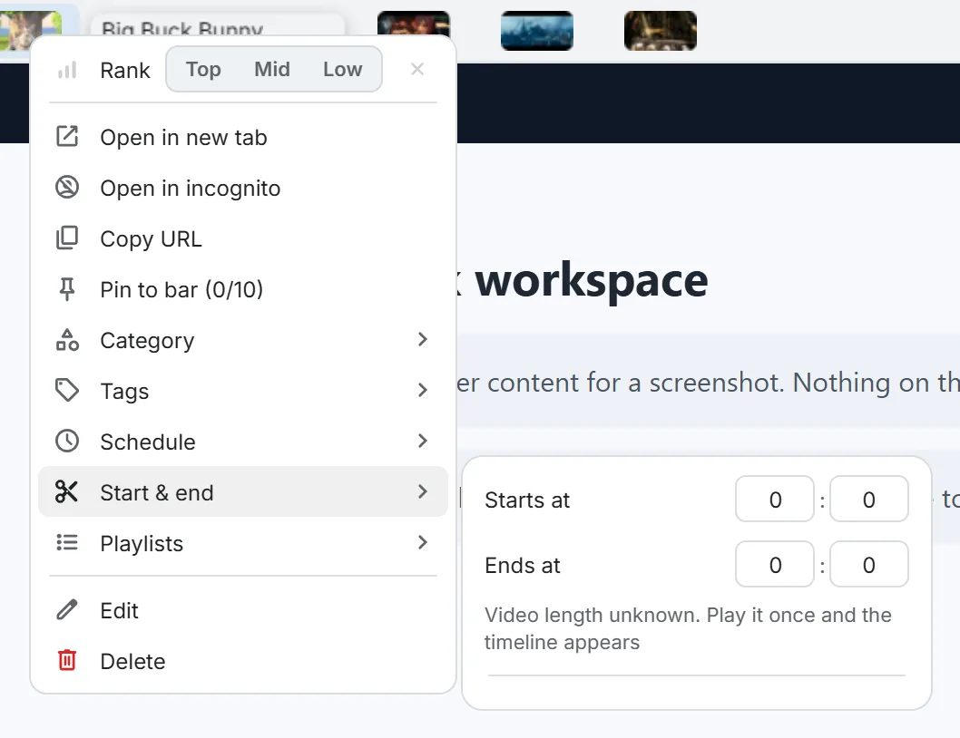 Right-click menu with the Start & end flyout open, showing start and end time fields.
