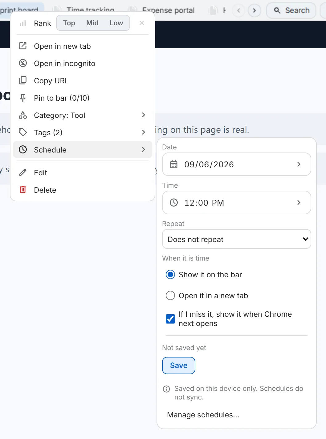 Right-click menu with the Schedule flyout open, showing date, time, and repeat fields.