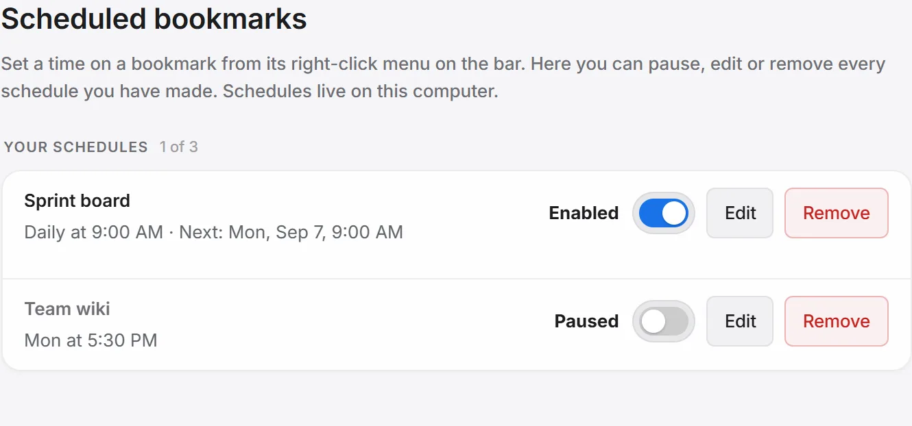 Settings page listing two schedules: Sprint board enabled daily, and Team wiki paused.
