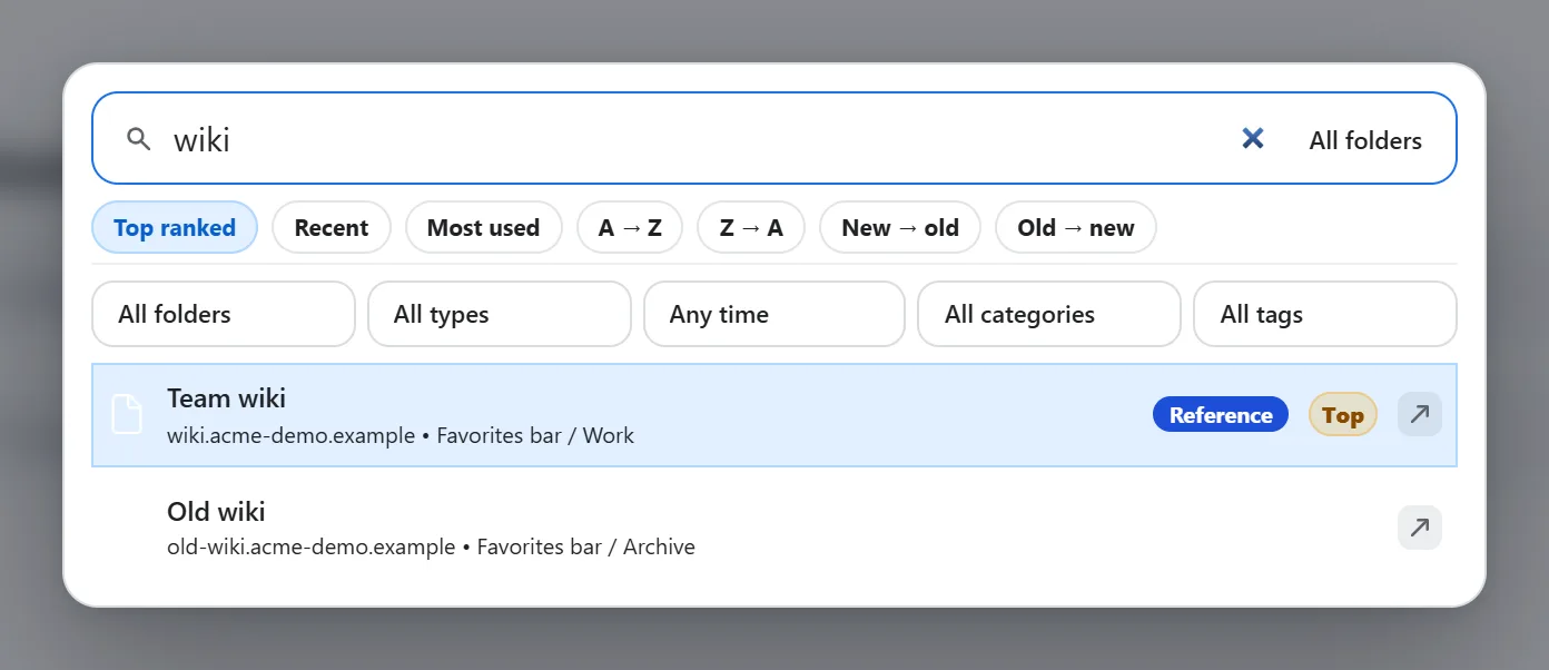 Search panel showing results for the word report, including a bookmark called Quarterly report inside the CRM folder.