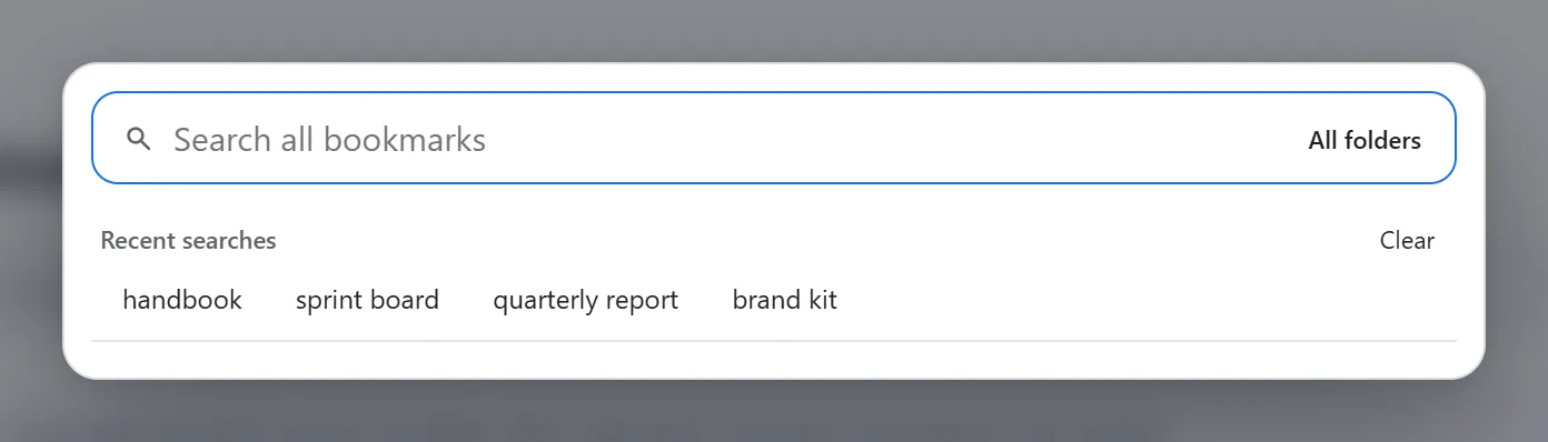 The search panel with an empty query box, showing a Recent searches row with the chips handbook, sprint board, quarterly report, and brand kit, and a Clear button.