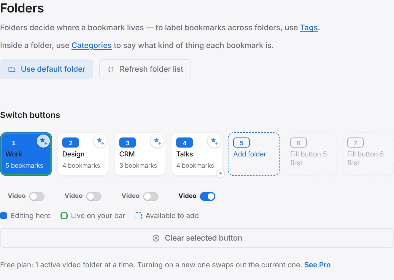 The Folders settings page with the Video switch turned on for the Talks folder.